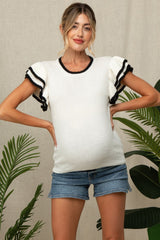 White Double Ruffle Sleeve Maternity Sweater Top