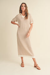 Beige Collared Knit Maxi Maternity Dress