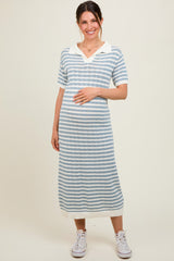 Blue Collared Knit Maxi Maternity Dress