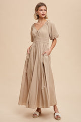 Taupe Smocked Puff Sleeve Maternity Maxi Dress