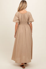 Taupe Smocked Puff Sleeve Maternity Maxi Dress