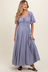 Lavender Smocked Puff Sleeve Maternity Maxi Dress