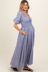 Lavender Smocked Puff Sleeve Maternity Maxi Dress