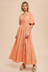 Peach Smocked Puff Sleeve Maxi Dress