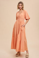 Peach Smocked Puff Sleeve Maxi Dress