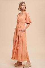 Peach Smocked Puff Sleeve Maxi Dress