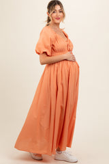 Peach Smocked Puff Sleeve Maternity Maxi Dress