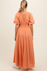 Peach Smocked Puff Sleeve Maternity Maxi Dress