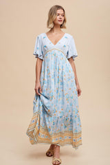 Light Blue Floral Flounce Sleeve Maternity Maxi Dress