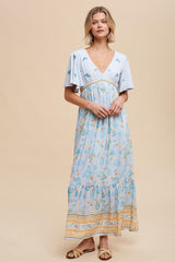 Light Blue Floral Flounce Sleeve Maxi Dress