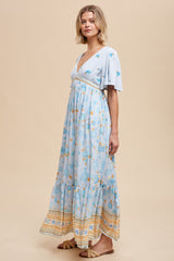 Light Blue Floral Flounce Sleeve Maxi Dress