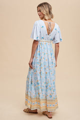 Light Blue Floral Flounce Sleeve Maxi Dress