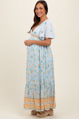 Light Blue Floral Flounce Sleeve Maternity Maxi Dress