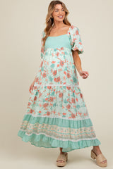 Mint Green Floral Gingham Lace Up Back Maternity Maxi Dress