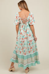 Mint Green Floral Gingham Lace Up Back Maternity Maxi Dress