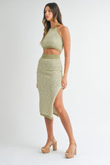 Light Olive Striped Crochet Crop Swimsuit Cover Up Set