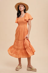 Orange Smocked Short Sleeve Maternity Midi Dress