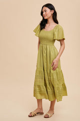 Green Smocked Short Sleeve Midi Dress