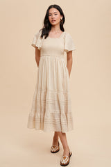 Cream Smocked Short Sleeve Midi Dress