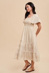 Cream Smocked Short Sleeve Midi Dress