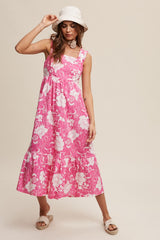 Fuchsia Floral Tiered Sleeveless Maternity Midi Dress