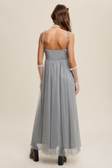 Green Square Neck Shoulder Tie Tulle Maxi Dress