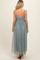 Green Square Neck Shoulder Tie Tulle Maternity Maxi Dress