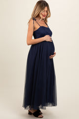 Navy Blue Square Neck Shoulder Tie Tulle Maternity Maxi Dress