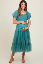 Teal Smocked Tiered Tulle Maternity Midi Dress