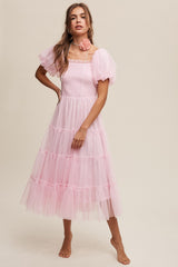 Light Pink Smocked Tiered Tulle Midi Dress