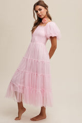 Light Pink Smocked Tiered Tulle Midi Dress