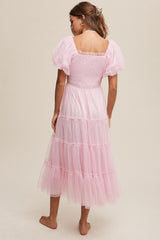 Light Pink Smocked Tiered Tulle Midi Dress