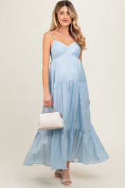 Light Blue Sleeveless Tiered Maternity Maxi Dress