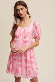 Pink Floral Puff Sleeve Mini Dress