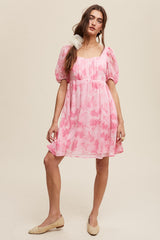 Pink Floral Puff Sleeve Mini Dress