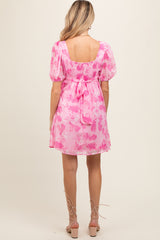 Pink Floral Puff Sleeve Maternity Mini Dress