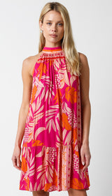 Fucshia Tropical Print Back Tie Cutout Dress