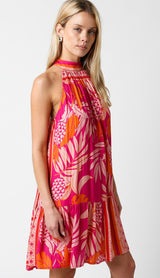 Fucshia Tropical Print Back Tie Cutout Dress