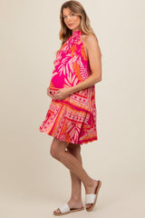 Fuchsia Tropical Print Back Tie Cutout Maternity Dress