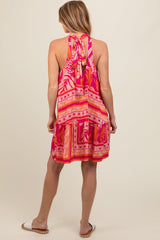 Fuchsia Tropical Print Back Tie Cutout Maternity Dress