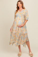 Orange Floral Border Print V-Neck Tiered Maternity Midi Dress