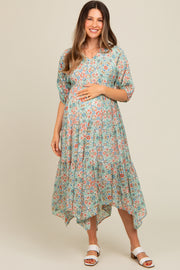 Mint Green Floral Border Print V-Neck Tiered Maternity Midi Dress