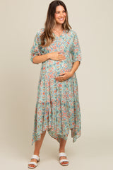 Mint Green Floral Border Print V-Neck Tiered Maternity Midi Dress