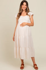 Ivory Textured Sweetheart Neck Short Puff Sleeve Tiered Maternity Midi Dress