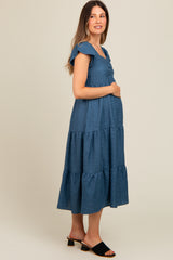 Blue Textured Sweetheart Neck Short Puff Sleeve Tiered Maternity Midi Dress