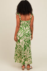 Green Tropical Floral Shoulder Tie Tiered Midi Dress