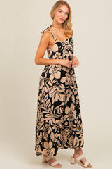 Brown Tropical Floral Shoulder Tie Tiered Midi Dress