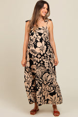 Brown Tropical Floral Shoulder Tie Tiered Maternity Midi Dress