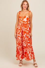 Orange Tropical Floral Shoulder Tie Tiered Midi Dress