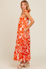 Orange Tropical Floral Shoulder Tie Tiered Midi Dress